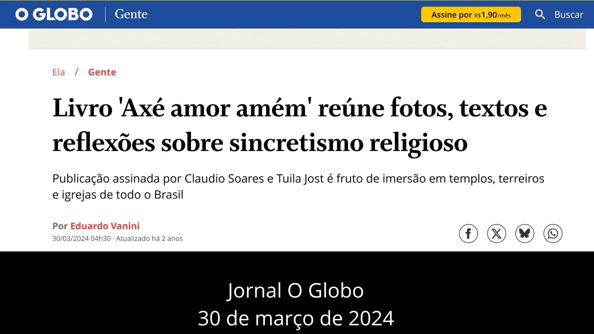 Matéria sobre Axé Amor Amém no Jornal O Globo